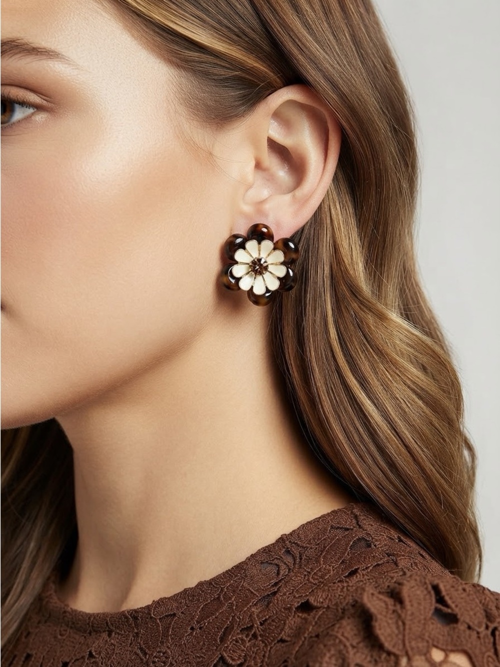 Talbots Tortoiseshell Petal Daisy Earrings with White Enamel Center